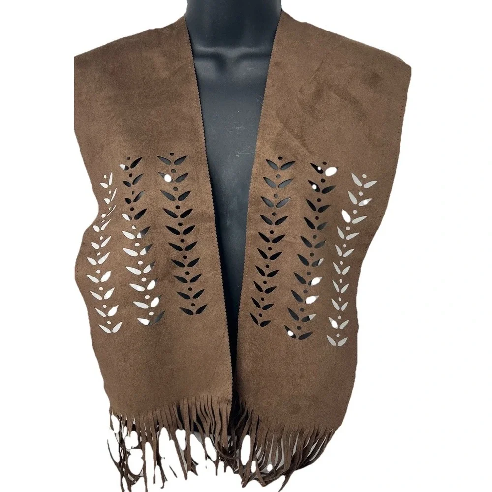 Boho Faux Suede Fringe Wrap Scarf Tie Brown‎ Laser Cut Western Hippie Festival